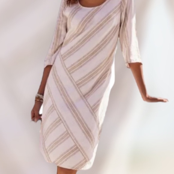 Soft Surroundings White Tan Sz PS Asymmetrical Stripe Linen Blend Shift Dress - Picture 1 of 8